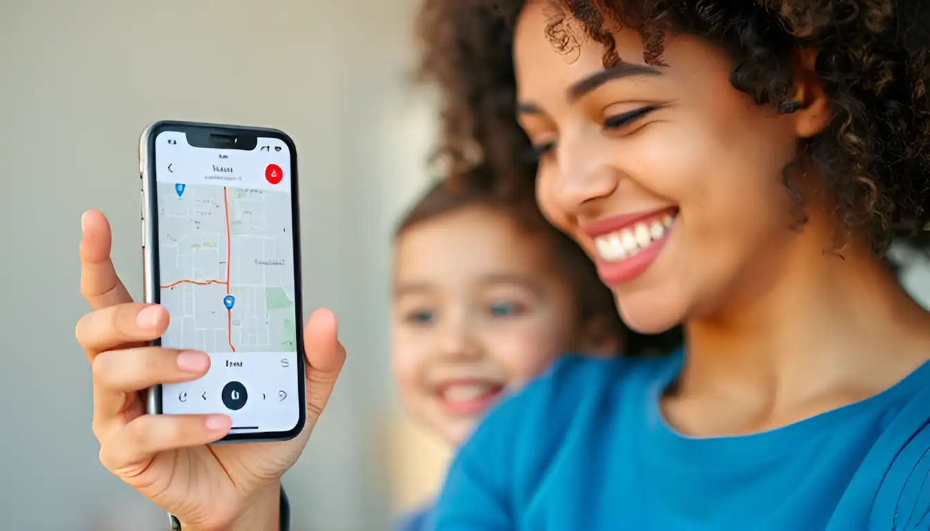 a smiling parent using a phone to monitor their child's location for safety.