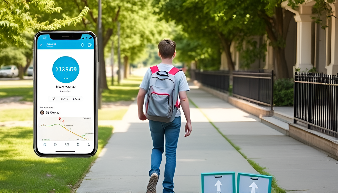 A teenager walking to school with location tracking enabled for parent monitoring.