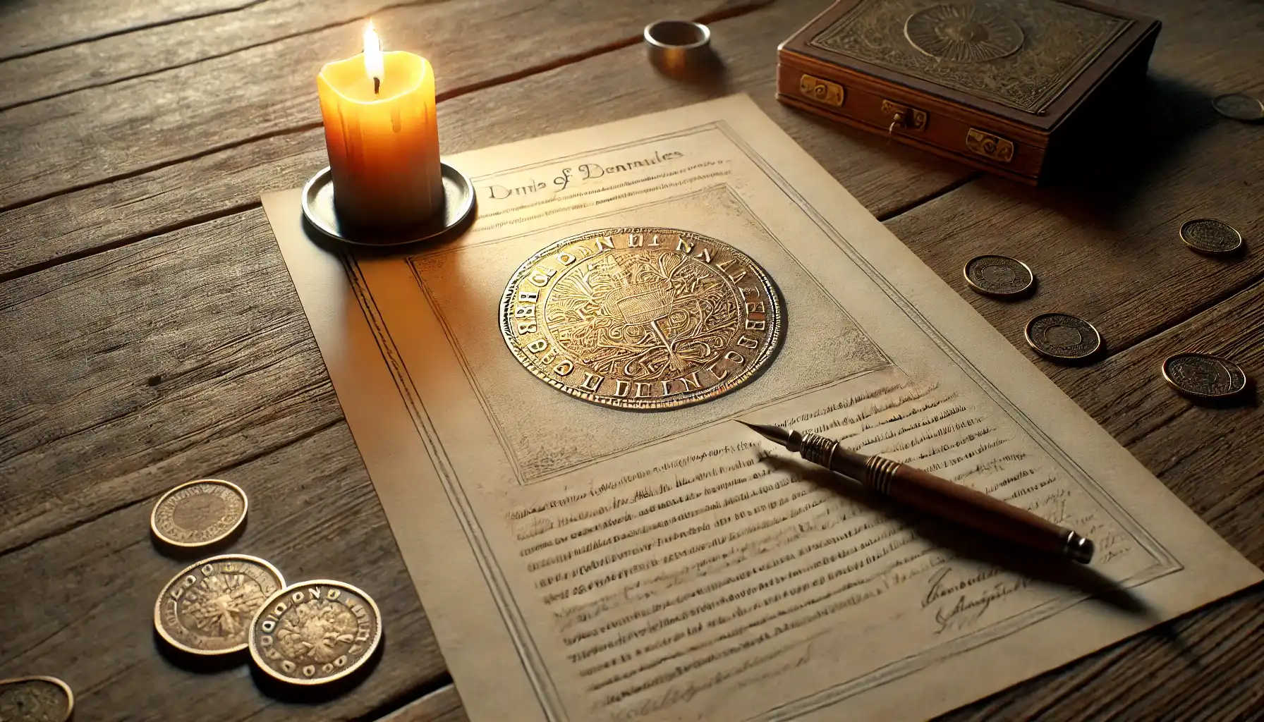 A sheet of paper on a wooden desk, featuring a story and a detailed sketch of a rare coin, which can be offered to a collector.