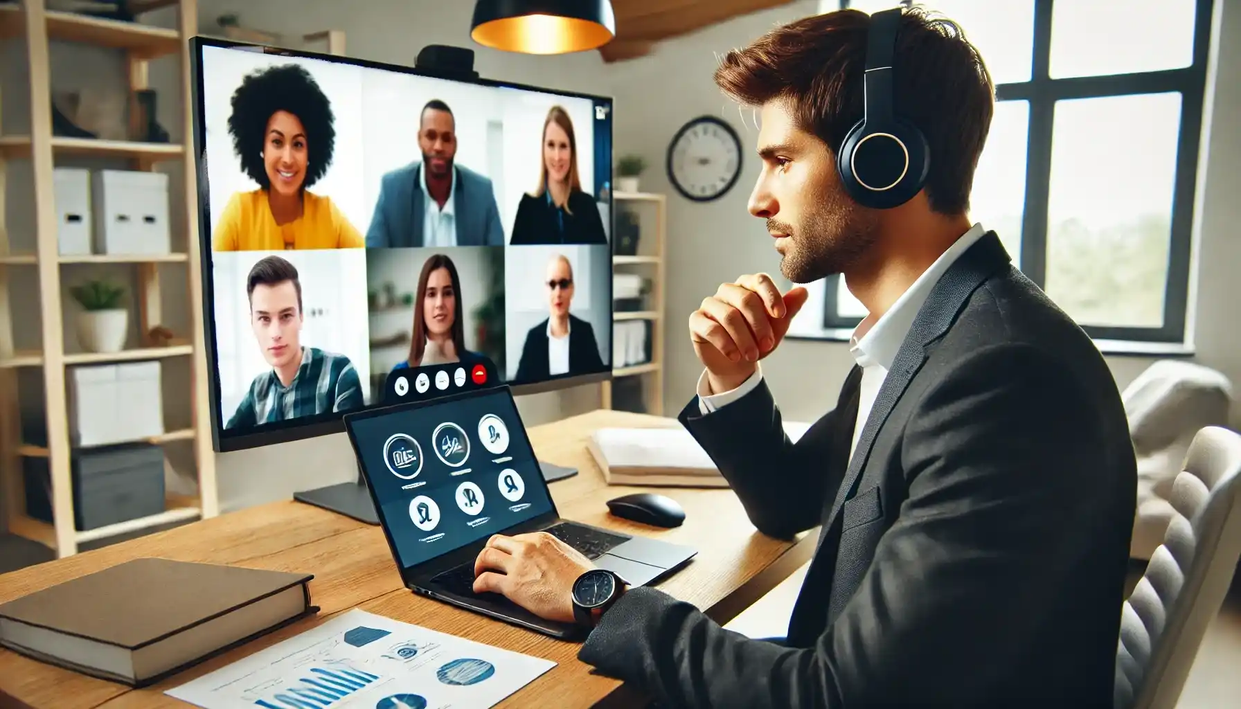 A professional man is wearing headphones conducting a presentation via a special app in front of his laptop. At the same time, multiple colleagues are attentively watching his report on the big screen. 