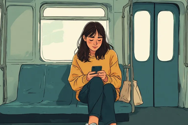 A girl is sitting in a subway car and looking at her phone