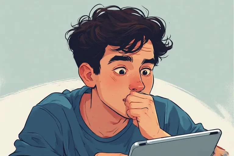 The guy is looking at the tablet and he has a thoughtful face and holds his hand to his mouth.