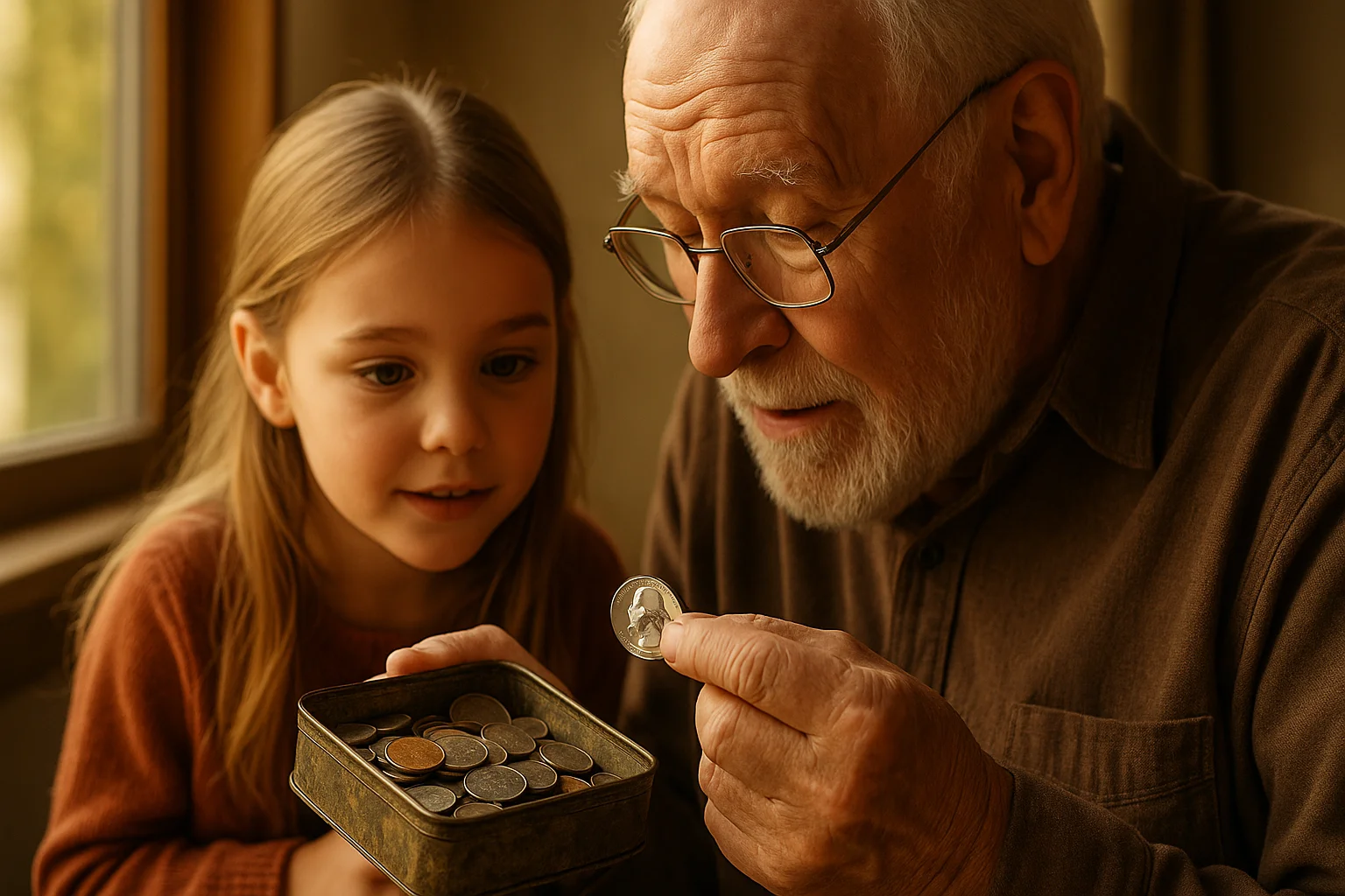 An elderly man takes coins from an old tin box, showing his granddaughter a shiny quarter.