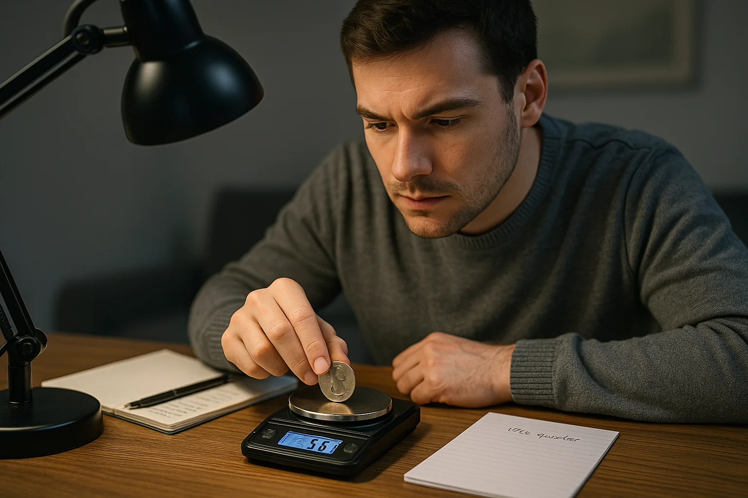 A young man places a 1966 quarter on a digital scale reading 5.67 grams.