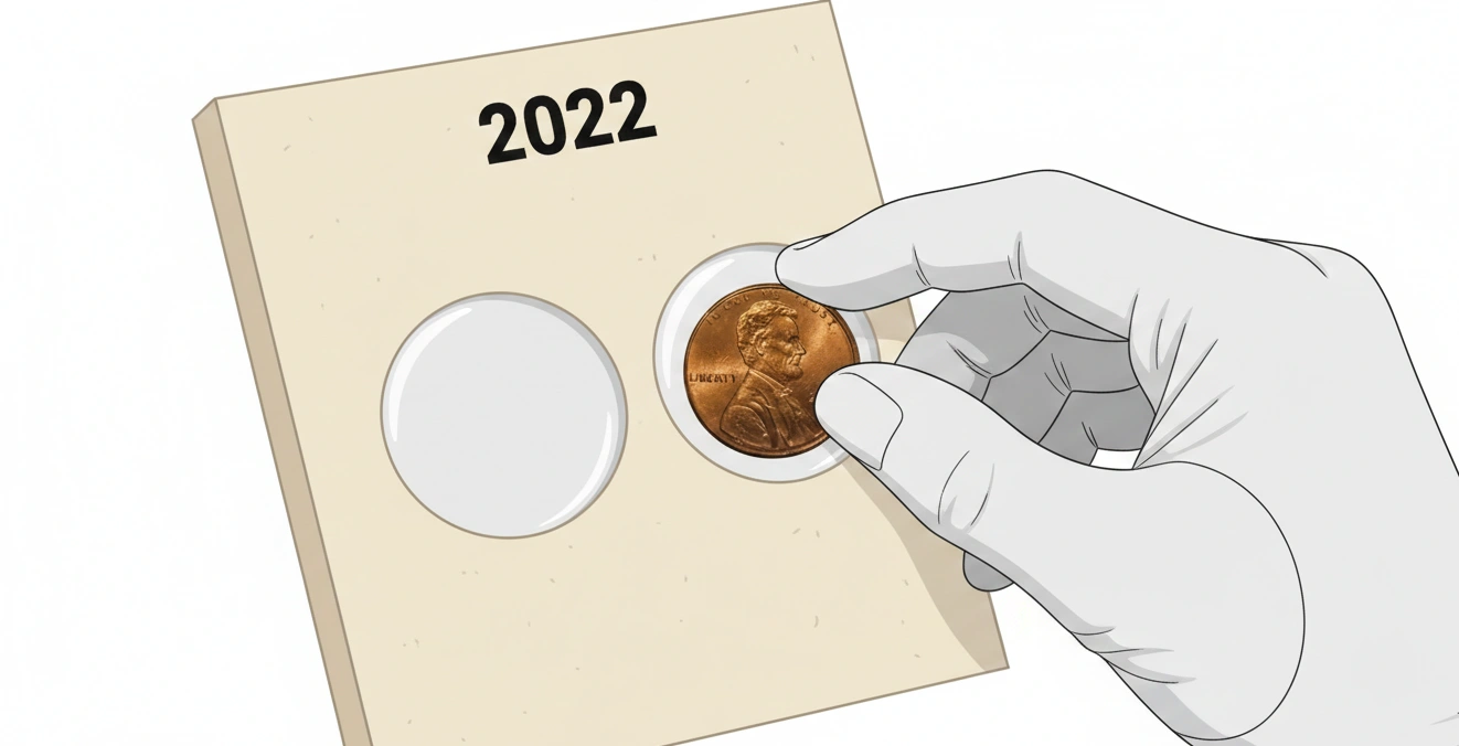 A coin album page labeled “2022” with a pristine 2022 Lincoln penny being carefully inserted